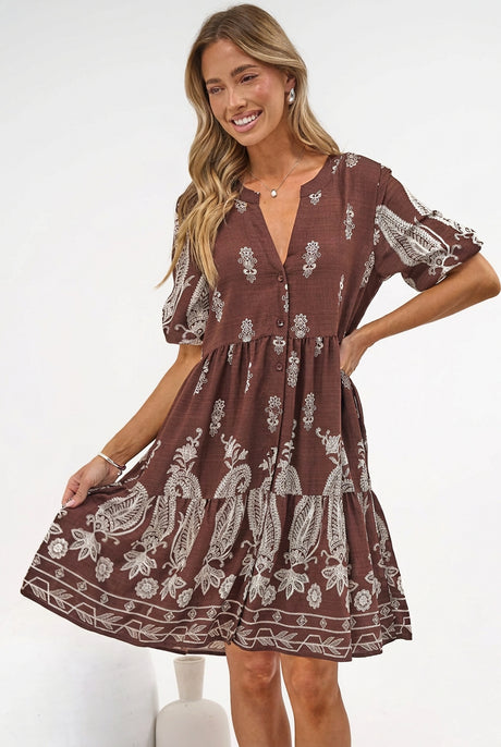 Sorrento Mini Dress - V-Neck Shift Dress with Balloon Sleeves in Houston Print