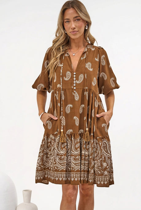 Mirtes Mini Dress - Mandarin Collar Short Sleeve with Tie Smock Dress in Cleo Print Brown