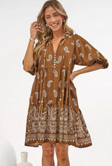 Mirtes Mini Dress - Mandarin Collar Short Sleeve with Tie Smock Dress in Cleo Print Brown
