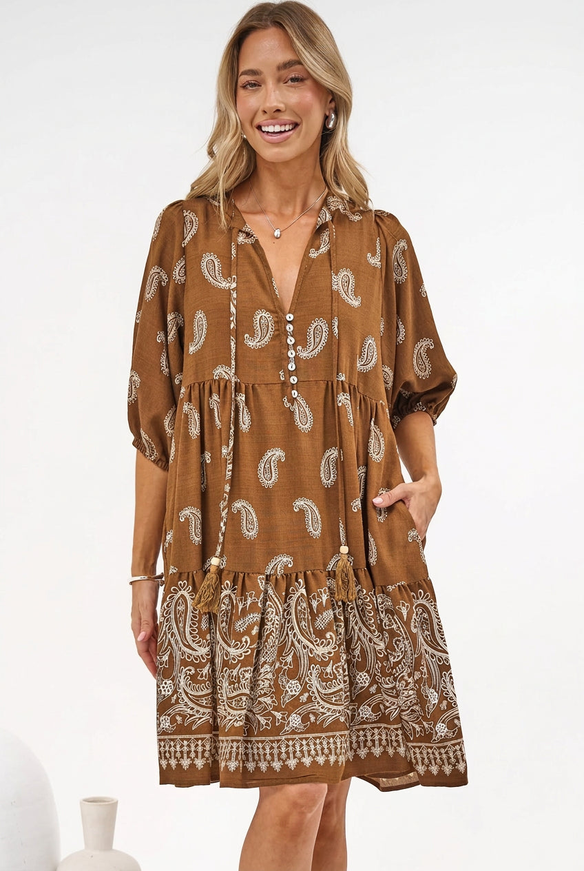 Mirtes Mini Dress - Mandarin Collar Short Sleeve with Tie Smock Dress in Cleo Print Brown