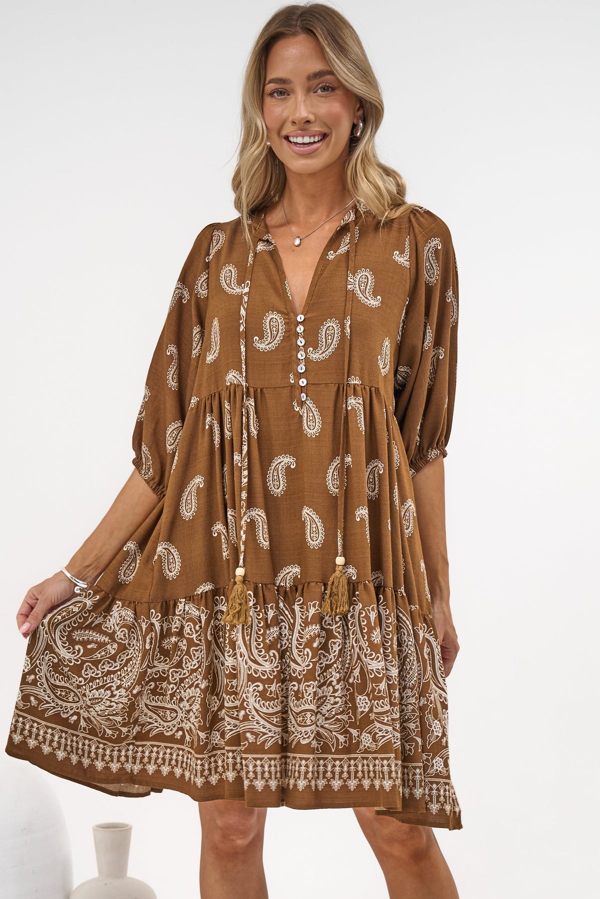 Mirtes Mini Dress - Mandarin Collar Short Sleeve with Tie Smock Dress in Cleo Print Brown