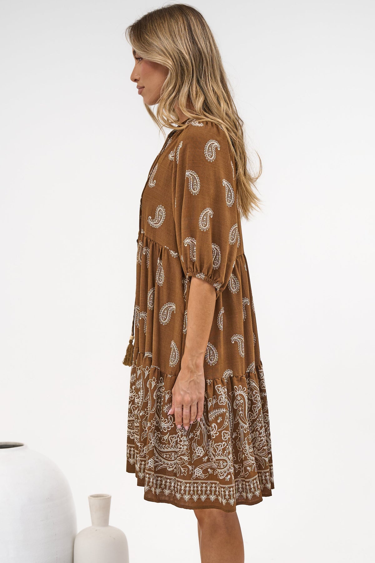 Mirtes Mini Dress - Mandarin Collar Short Sleeve with Tie Smock Dress in Cleo Print Brown