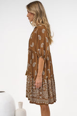 Mirtes Mini Dress - Mandarin Collar Short Sleeve with Tie Smock Dress in Cleo Print Brown