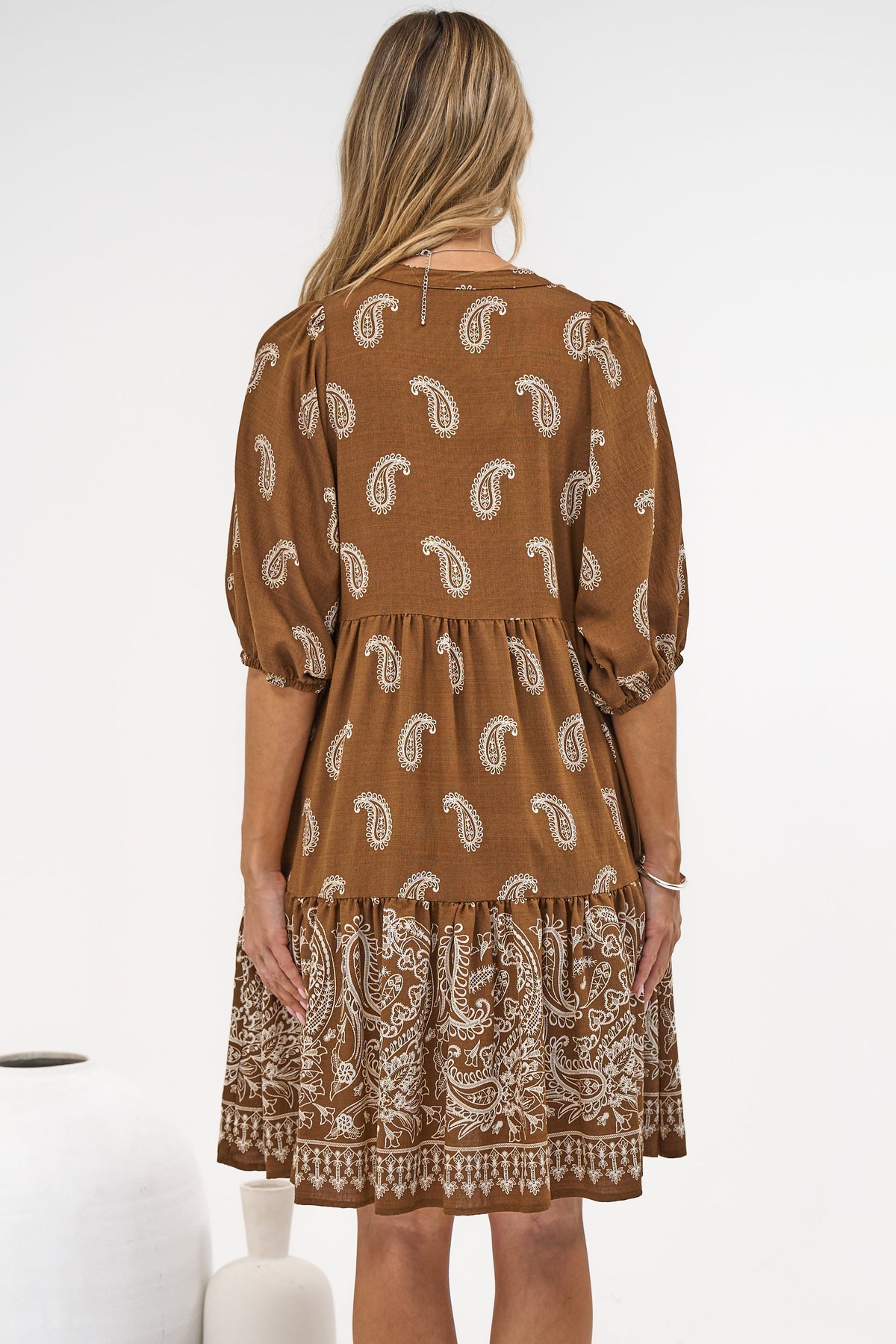 Mirtes Mini Dress - Mandarin Collar Short Sleeve with Tie Smock Dress in Cleo Print Brown