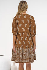 Mirtes Mini Dress - Mandarin Collar Short Sleeve with Tie Smock Dress in Cleo Print Brown