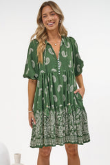 Mirtes Mini Dress - Mandarin Collar Short Sleeve with Tie Smock Dress in Cleo Print Green