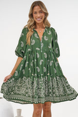 Mirtes Mini Dress - Mandarin Collar Short Sleeve with Tie Smock Dress in Cleo Print Green