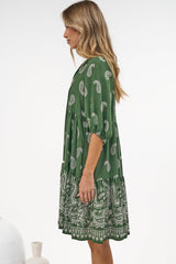 Mirtes Mini Dress - Mandarin Collar Short Sleeve with Tie Smock Dress in Cleo Print Green