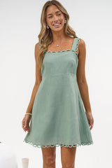 Darla Mini Dress - Scallop Trim Thick Strap Cotton Sun Dress in Khaki