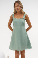 Darla Mini Dress - Scallop Trim Thick Strap Cotton Sun Dress in Khaki