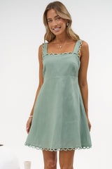 Darla Mini Dress - Scallop Trim Thick Strap Cotton Sun Dress in Khaki