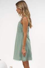Darla Mini Dress - Scallop Trim Thick Strap Cotton Sun Dress in Khaki
