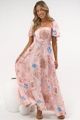 Ashby Maxi Dress - On or Off Shoulder A-Line Dress with Pockets in Everrose Print
