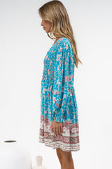Brissa Mini Dress - V-Neck Shirred Bodice Balloon Sleeve Dress in Marina Blu Print