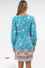 Brissa Mini Dress - V-Neck Shirred Bodice Balloon Sleeve Dress in Marina Blu Print