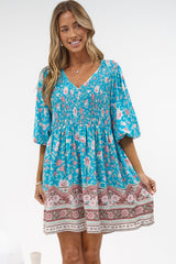 Brissa Mini Dress - V-Neck Shirred Bodice Balloon Sleeve Dress in Marina Blu Print