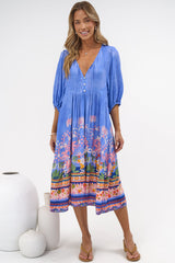 Muse Midi Dress - V Neck 3/4 Sleeve A Line Midi Dress in Clara Print