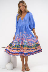 Muse Midi Dress - V Neck 3/4 Sleeve A Line Midi Dress in Clara Print