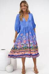 Muse Midi Dress - V Neck 3/4 Sleeve A Line Midi Dress in Clara Print