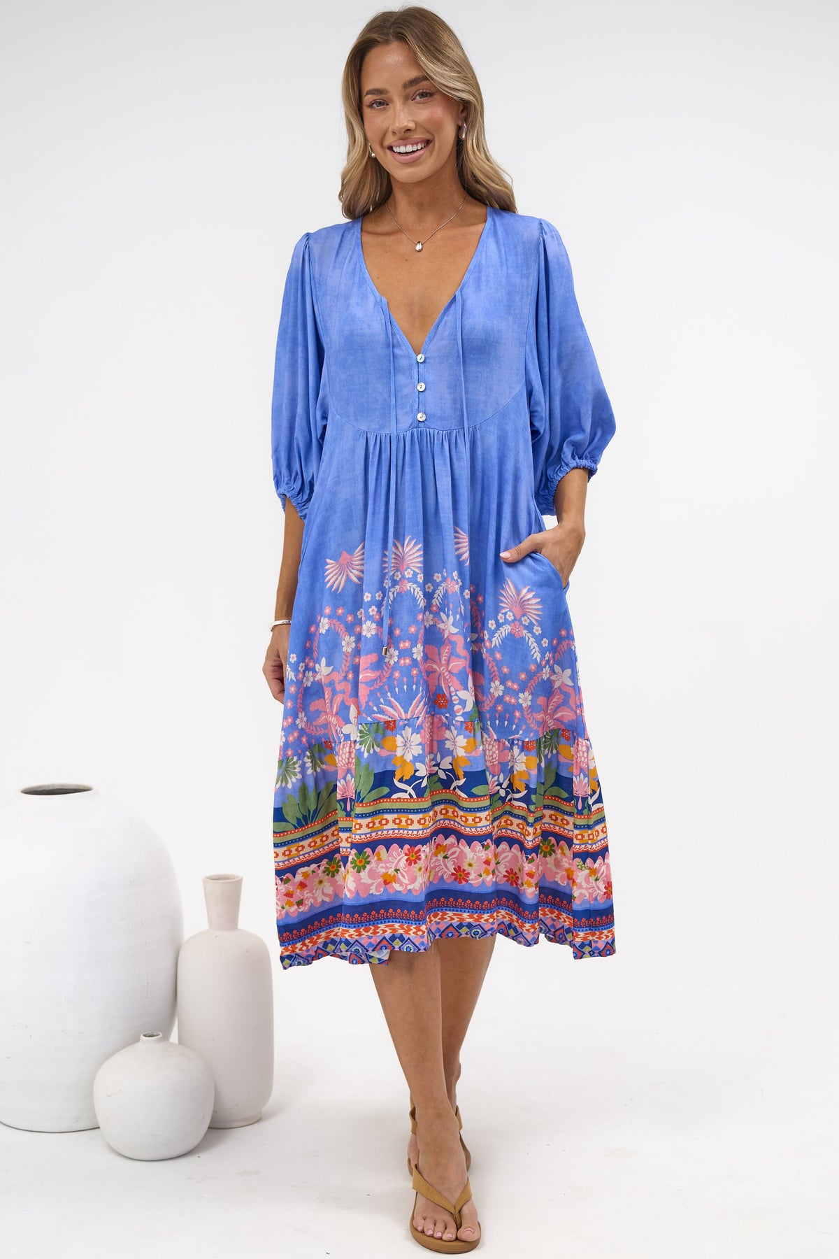 Muse Midi Dress - V Neck 3/4 Sleeve A Line Midi Dress in Clara Print