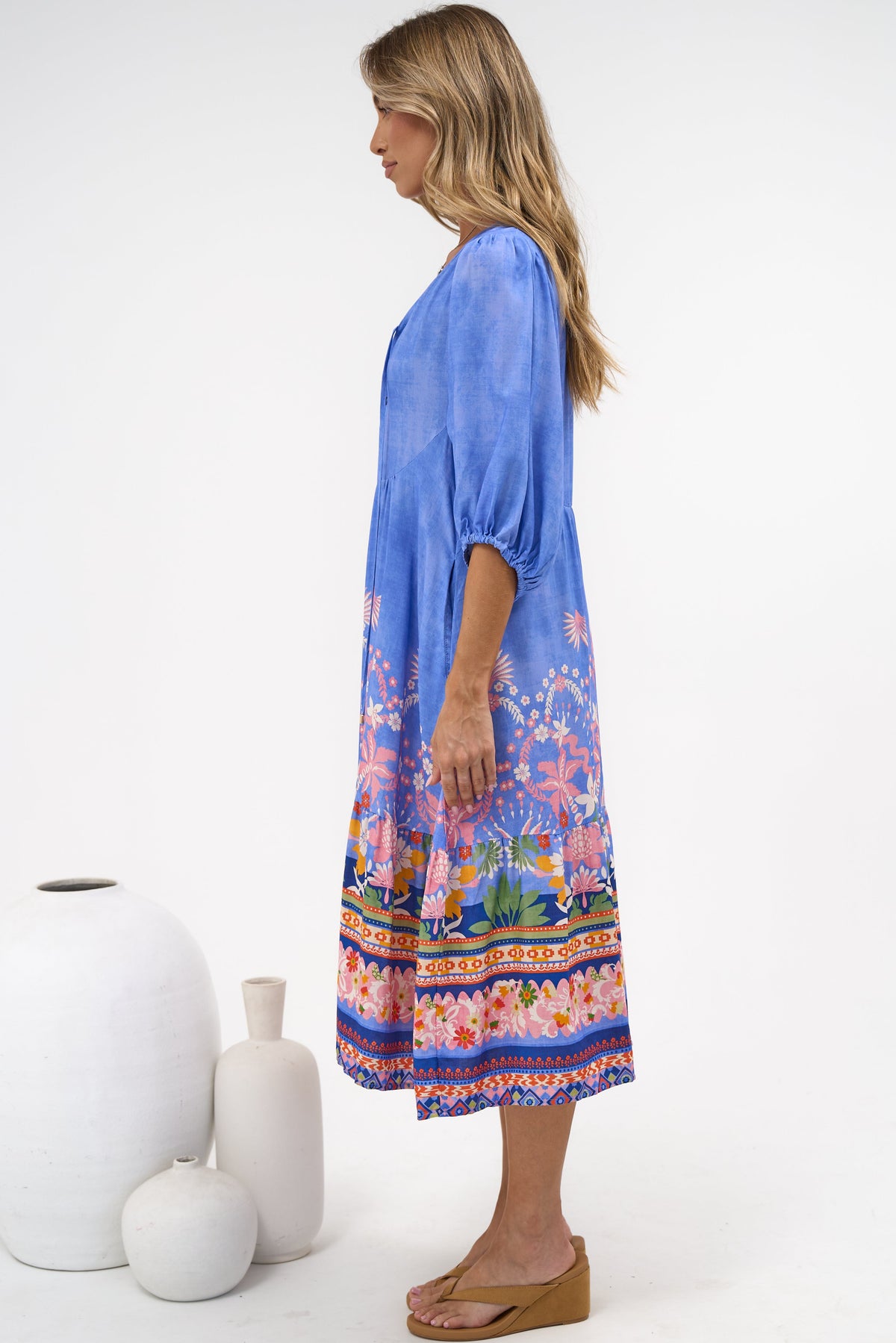 Muse Midi Dress - V Neck 3/4 Sleeve A Line Midi Dress in Clara Print