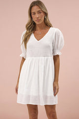 Brissa Mini Dress - V-Neck Shirred Bodice Balloon Sleeve Dress in White