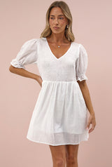 Brissa Mini Dress - V-Neck Shirred Bodice Balloon Sleeve Dress in White