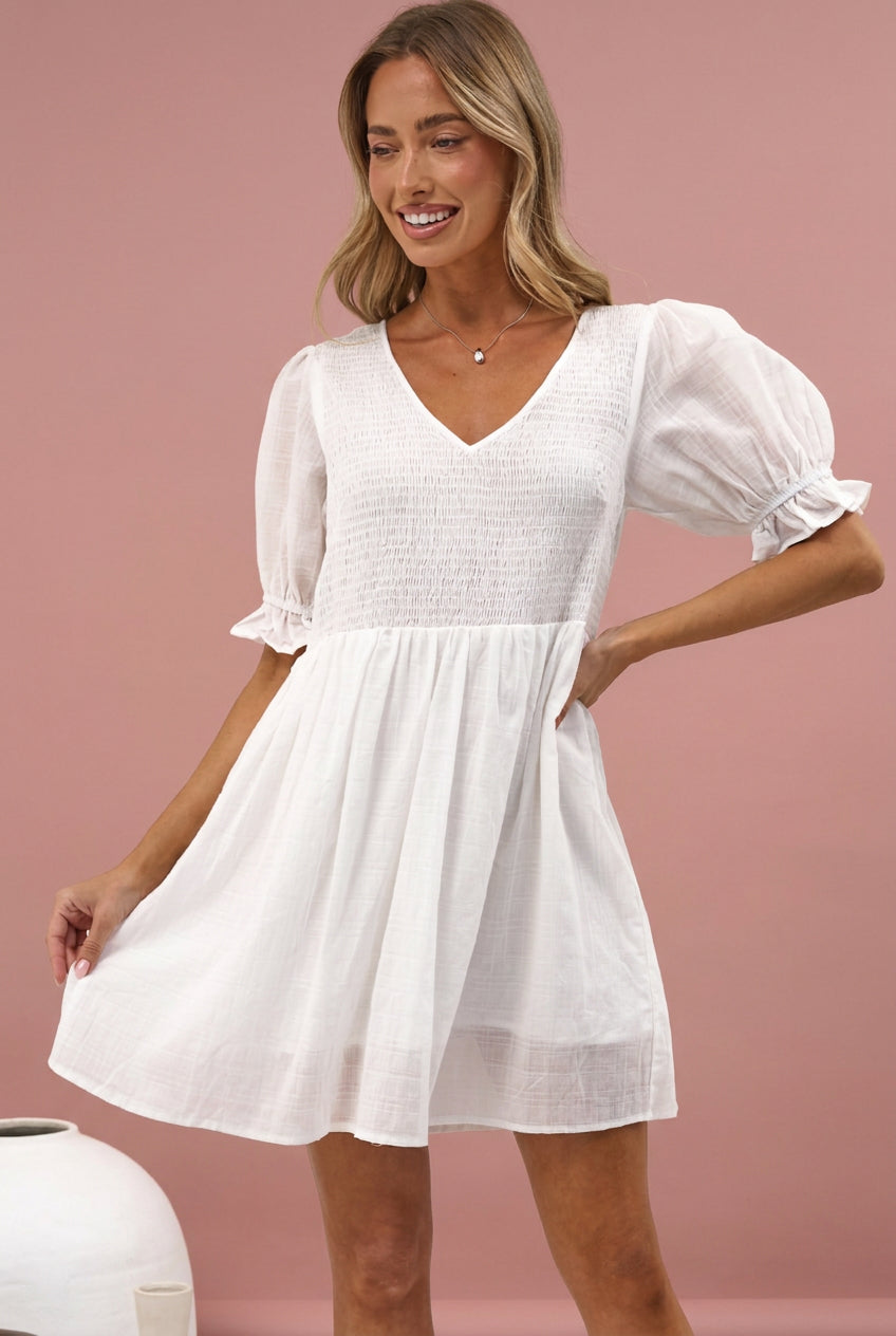 Brissa Mini Dress - V-Neck Shirred Bodice Balloon Sleeve Dress in White