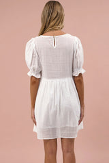 Brissa Mini Dress - V-Neck Shirred Bodice Balloon Sleeve Dress in White