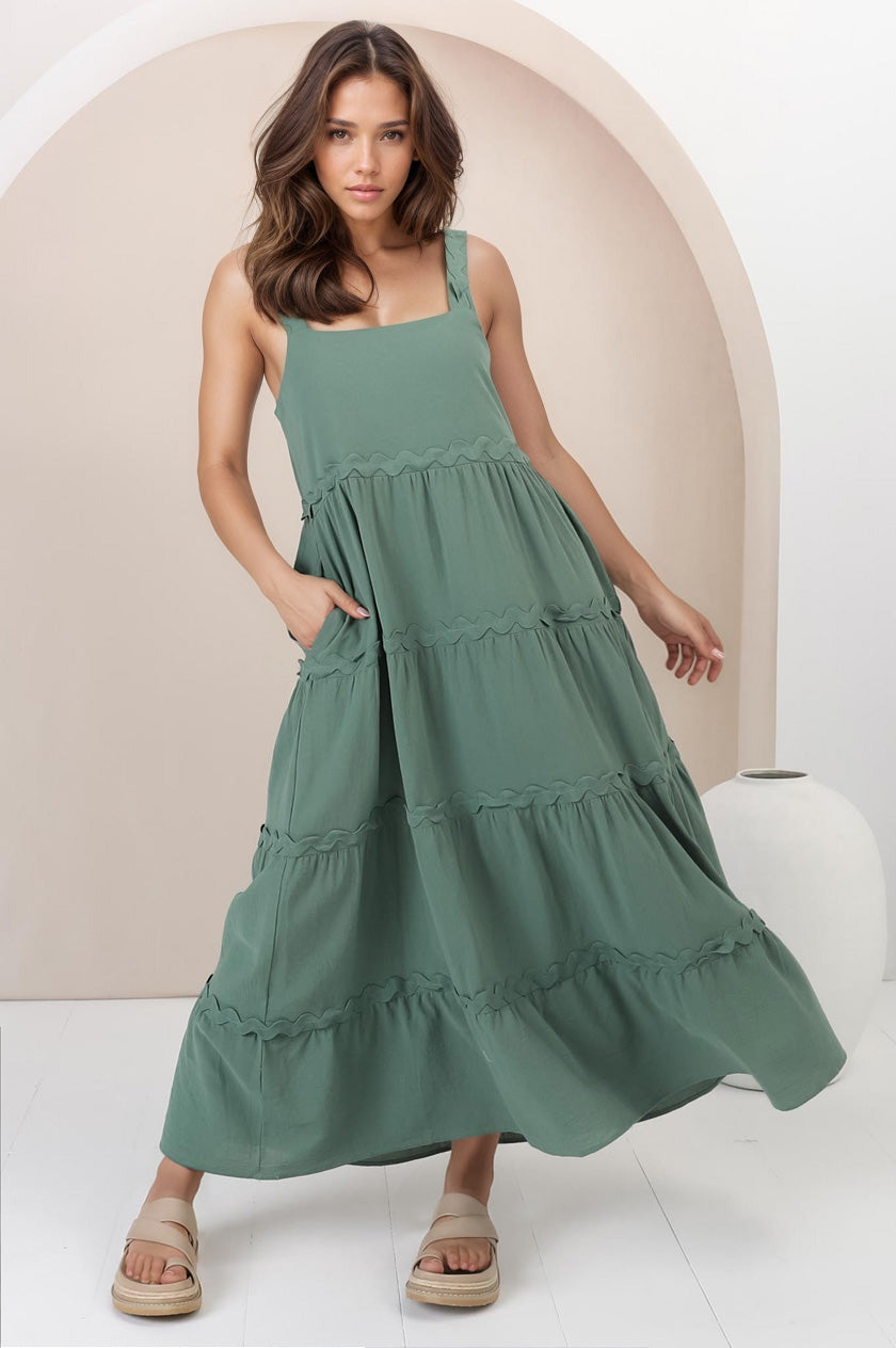 Bailie Maxi Dress - Rick Rack Detailed Sun Dress with Pockets in Green