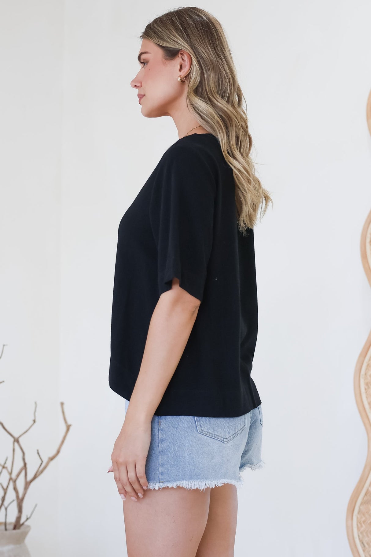 Shandy Top - V-Neck Boxy High Low Top with Short Sleeves in Black
