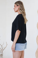 Shandy Top - V-Neck Boxy High Low Top with Short Sleeves in Black
