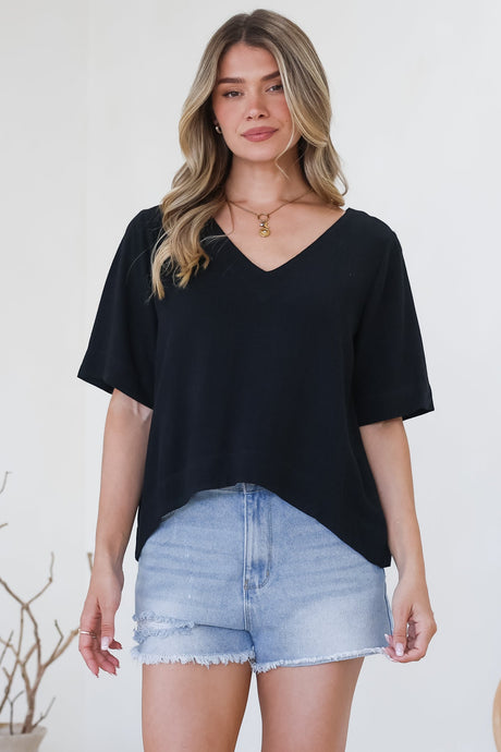 Shandy Top - V-Neck Boxy High Low Top with Short Sleeves in Black