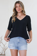 Shandy Top - V-Neck Boxy High Low Top with Short Sleeves in Black