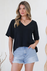 Shandy Top - V-Neck Boxy High Low Top with Short Sleeves in Black
