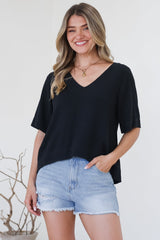 Shandy Top - V-Neck Boxy High Low Top with Short Sleeves in Black