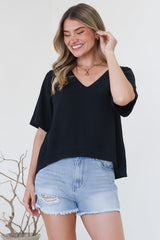 Shandy Top - V-Neck Boxy High Low Top with Short Sleeves in Black