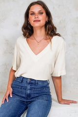 Shandy Top - V-Neck Boxy High Low Top with Short Sleeves in Oatmeal