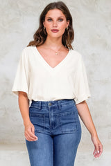 Shandy Top - V-Neck Boxy High Low Top with Short Sleeves in Oatmeal