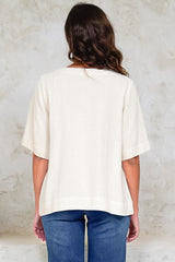 Shandy Top - V-Neck Boxy High Low Top with Short Sleeves in Oatmeal