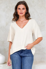 Shandy Top - V-Neck Boxy High Low Top with Short Sleeves in Oatmeal