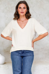 Shandy Top - V-Neck Boxy High Low Top with Short Sleeves in Oatmeal