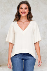 Shandy Top - V-Neck Boxy High Low Top with Short Sleeves in Oatmeal