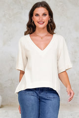 Shandy Top - V-Neck Boxy High Low Top with Short Sleeves in Oatmeal