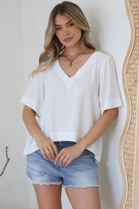Shandy Top - V-Neck Boxy High Low Top with Short Sleeves in White