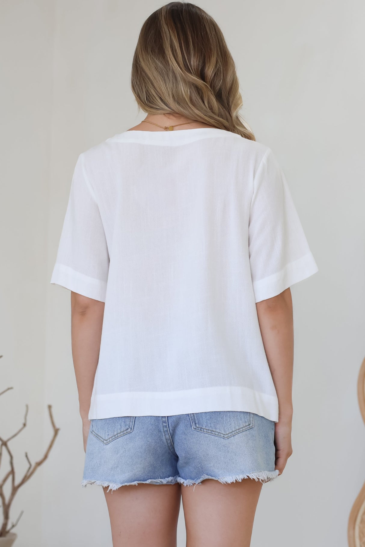 Shandy Top - V-Neck Boxy High Low Top with Short Sleeves in White