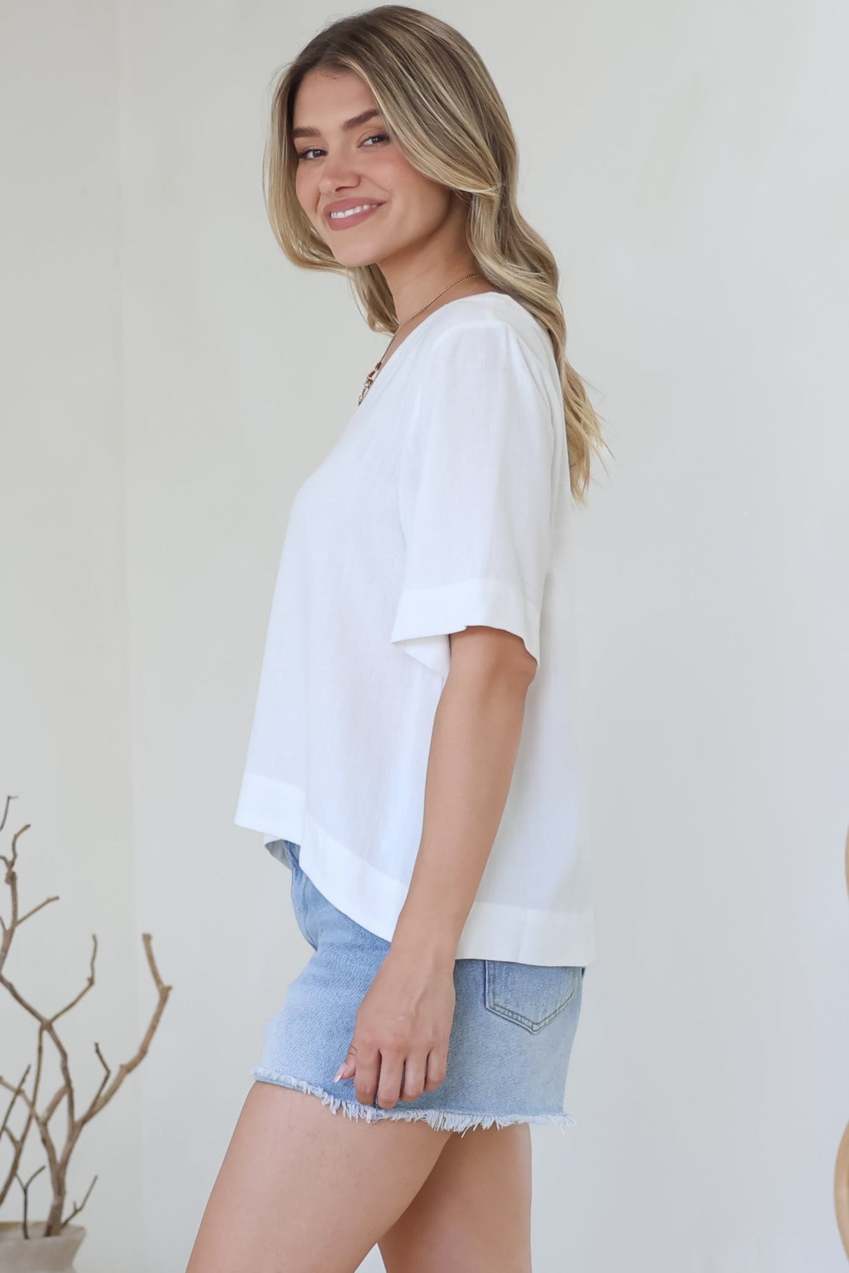 Shandy Top - V-Neck Boxy High Low Top with Short Sleeves in White