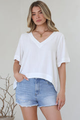 Shandy Top - V-Neck Boxy High Low Top with Short Sleeves in White