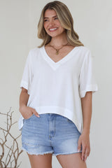 Shandy Top - V-Neck Boxy High Low Top with Short Sleeves in White