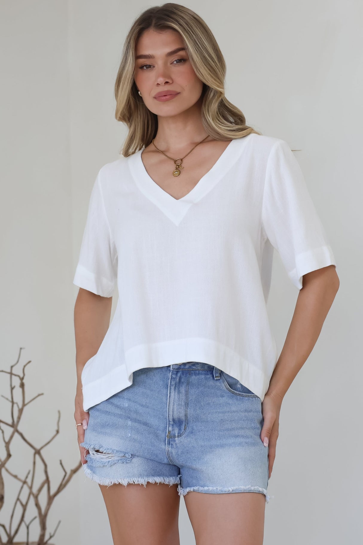 Shandy Top - V-Neck Boxy High Low Top with Short Sleeves in White